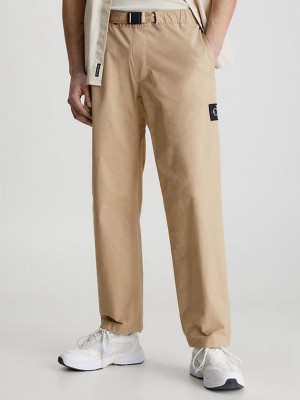 Khaki Calvin Klein Straight Belted Utility Chinos Men Pants | EXRY-19036