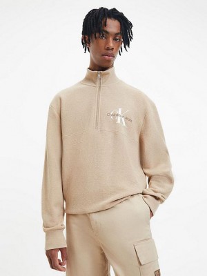 Khaki Calvin Klein Waffle Cotton Zip Neck Men Sweatshirt | OBGM-94536
