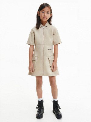 Khaki Calvin Klein Zipped Logo Girls's Dress | VMDF-50814