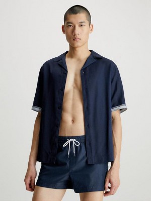 Navy Calvin Klein Beach - Logo Tape Men Shirts | CKBA-92583