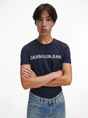 Navy Calvin Klein Organic Cotton Logo Men T-Shirt | JVZU-75039