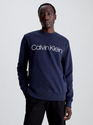 Navy Calvin Klein Organic Cotton Logo Men Sweatshirt | SXAB-94235