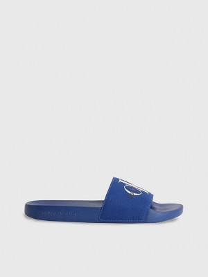 Navy Calvin Klein Recycled Canvas Sliders Men Slippers | GCHV-24587