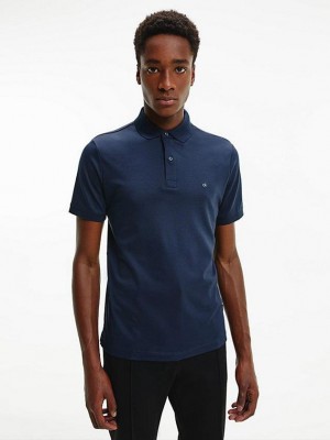 Navy Calvin Klein Slim Cotton Piqué Men Polo Shirt | QCAJ-30497