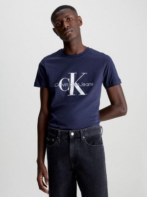 Navy Calvin Klein Slim Monogram Men T-Shirt | FJBT-82431
