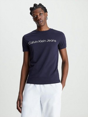 Navy Calvin Klein Slim Organic Cotton Logo Men T-Shirt | SLZK-98015