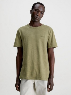 Olive Calvin Klein Cotton Linen Men T-Shirt | PLHE-56470