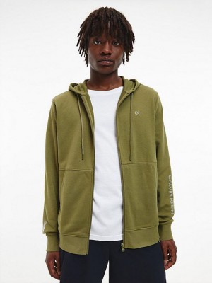 Olive Calvin Klein Cotton Terry Zip Up Men Hoodie | ZPVH-29876