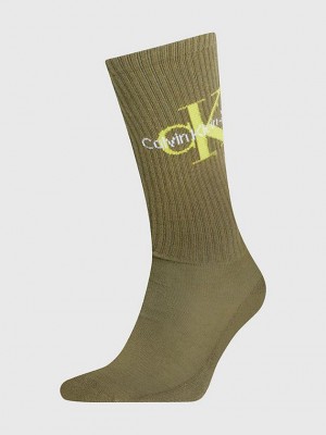 Olive Calvin Klein Logo Crew Men Socks | UCXG-82674