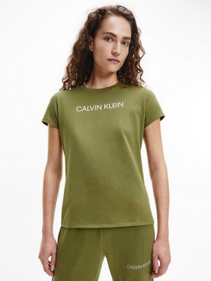 Olive Calvin Klein Logo Gym Women T-Shirt | QXPF-18426