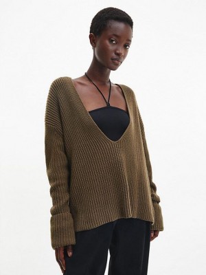 Olive Calvin Klein Relaxed Ribbed V-Neck Jumper Women Sweater | POUB-72308
