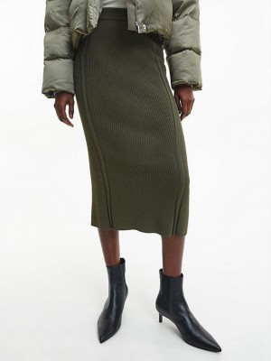 Olive Calvin Klein Ribbed Flared Midi Women Skirt | YORJ-16274