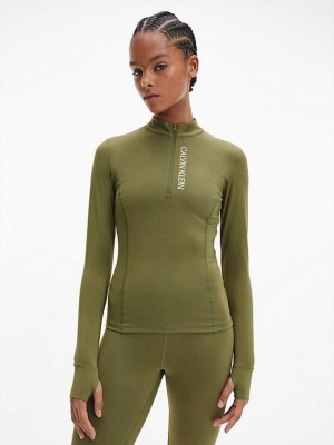 Olive Calvin Klein Slim Long Sleeve Gym Women Top | GRMC-17943