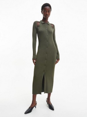 Olive Calvin Klein Slim Ribbed Midi Shirt Women Dress | QSEA-10482