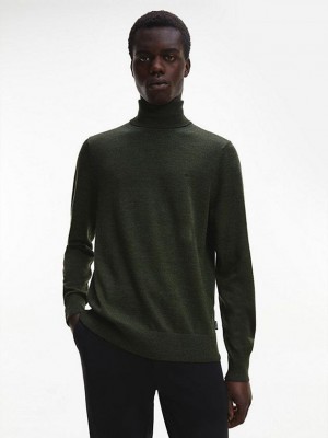 Olive Calvin Klein Slim Superior Wool Turtleneck Jumper Men Sweater | NHED-05178