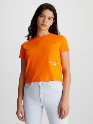 Orange Calvin Klein Cropped Logo Women T-Shirt | GDLT-07234