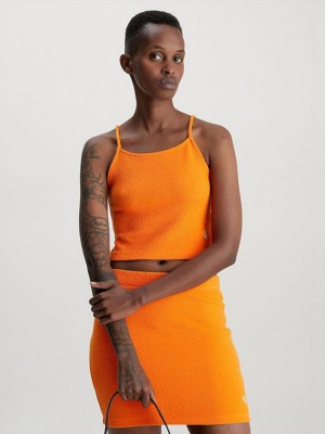 Orange Calvin Klein Seersucker Stretch Cropped Women Top | RULX-41795