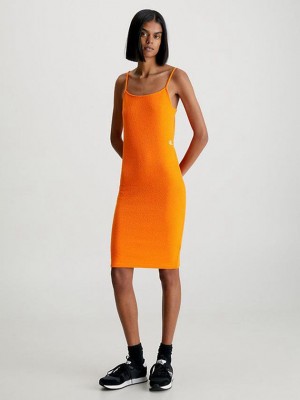 Orange Calvin Klein Seersucker Stretch Mini Women Dress | BPXO-04231
