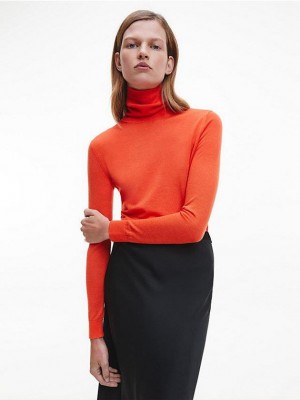 Orange Calvin Klein Slim Merino Roll Neck Jumper Women Sweater | XFEC-32568
