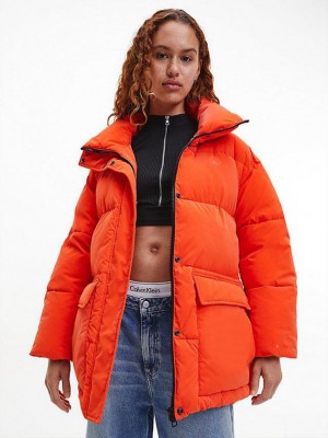 Orange Calvin Klein Soft Touch Belted Puffer Women Jacket | XEOA-75469