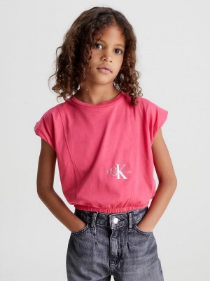 Pink Calvin Klein Cap Sleeve Logo Girls's T-Shirt | FMAD-42810