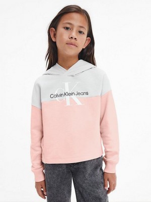 Pink Calvin Klein Colourblock Logo Girls's Hoodie | ZPAL-16245