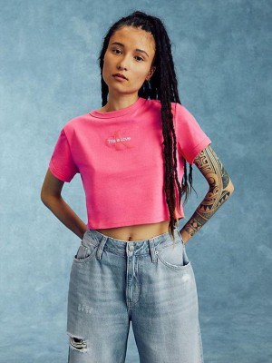 Pink Calvin Klein Cropped Logo - Pride Women T-Shirt | KQLP-34578