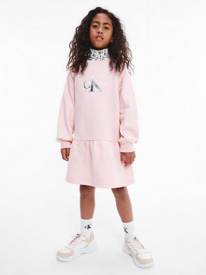 Pink Calvin Klein Recycled Polyester Flared Logo Girls's Dress | QLIF-26789