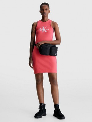 Pink Calvin Klein Slim Ribbed Monogram Tank Women Dress | TPCB-53481
