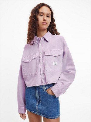 Purple Calvin Klein Oversized Cropped Denim Shirt Women Top | QJDZ-71859