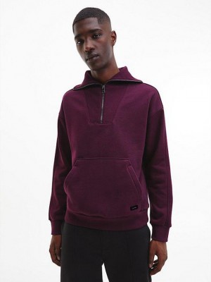 Purple Calvin Klein Relaxed Zip Neck Fleece Men Sweatshirt | FKWS-18642