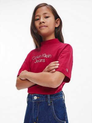 Red Calvin Klein Logo Girls's T-Shirt | SNFZ-25417