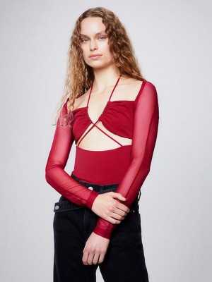 Red Calvin Klein Long Sleeve Cut Out Women Top | NMSG-09872