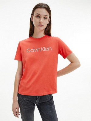 Red Calvin Klein Organic Cotton Logo Women T-Shirt | NPIS-58401
