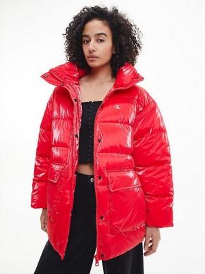 Red Calvin Klein Oversized Glossy Puffer Women Jacket | IROH-94702