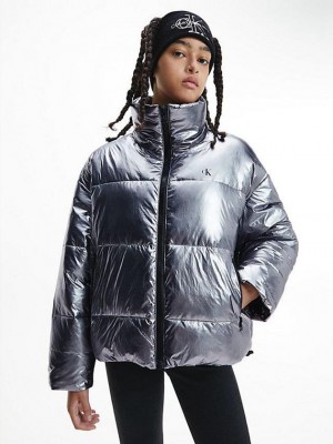 Silver Calvin Klein Oversized Recycled Nylon Puffer Women Jacket | PEMU-68123