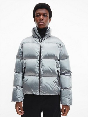 Silver Calvin Klein Relaxed High Shine Puffer Men Jacket | DLXV-40596