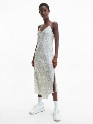 Silver Calvin Klein Slim Marble Print Slip Women Dress | CILA-06283