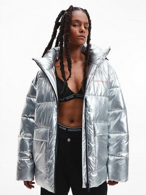 Silver Calvin Klein Unisex Recycled Metallic Puffer Men Jacket | TJPI-39581