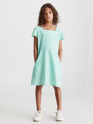 Turquoise Calvin Klein Lyocell Printed Girls's Dress | NWGJ-21704
