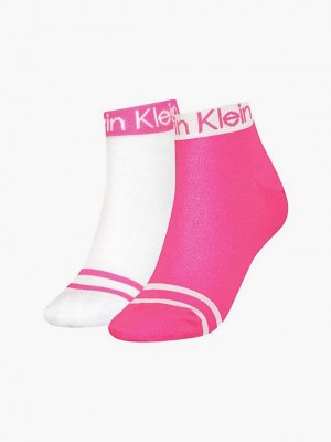White Calvin Klein 2 Pack Logo Stripe Ankle Women Socks | GTZQ-73094