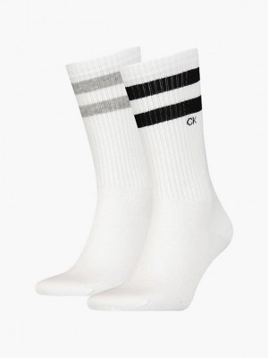 White Calvin Klein 2 Pack Striped Crew Men Socks | RUVT-38201