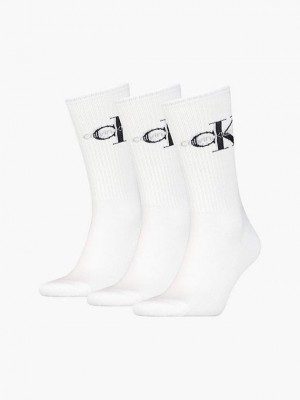 White Calvin Klein 3 Pack Crew Men Socks | DOTS-06451