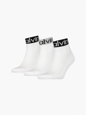 White Calvin Klein 3 Pack Logo Ankle Men Socks | NUHD-69401