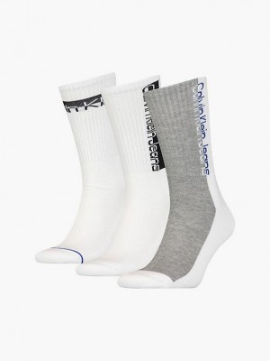 White Calvin Klein 3 Pack Logo Crew Men Socks | CGYS-75490