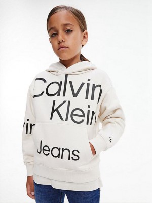 White Calvin Klein Allover Logo Boys's Hoodie | IMGF-54762