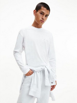 White Calvin Klein Back Logo Long Sleeve Men T-Shirt | KDJY-89536