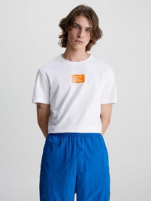 White Calvin Klein Badge Men T-Shirt | AGCR-40957