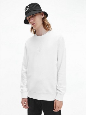 White Calvin Klein Cotton Logo Men Sweatshirt | SUNR-93065