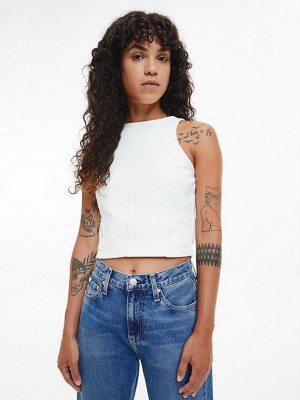 White Calvin Klein Cotton Terry Tank Women Top | GENO-59872